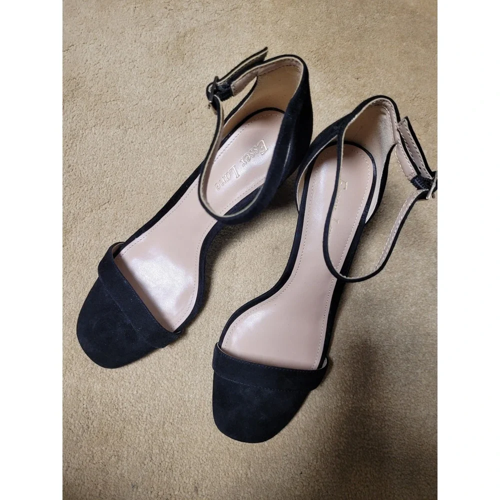 Black Suede d'Orsay Square‎ Toe Ankle Strap Boho Chunky Heels Women Size 8.5 NEW